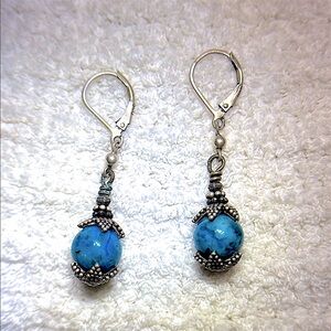 925 Sterling Silver and Blue Jasper Marble Dangle Earrings